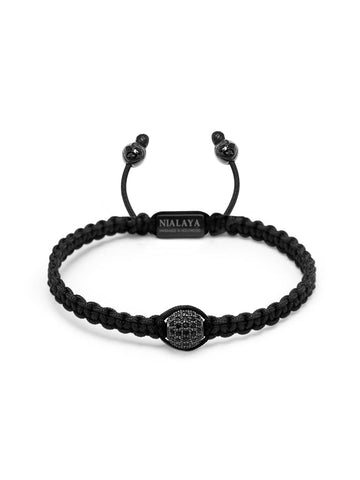 Nialaya Men's String Bracelet Men's Black String Bracelet with Black CZ Bead